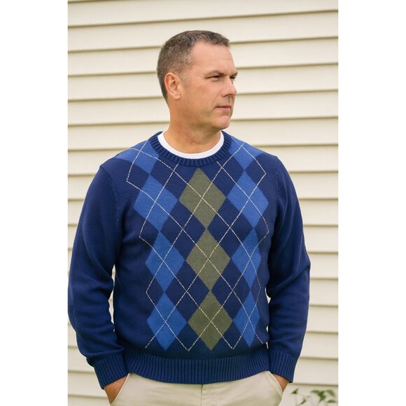 Land’s End Men’s Navy Blue Argyle Crewneck Cotton Sweater XXL - Picture 1 of 4